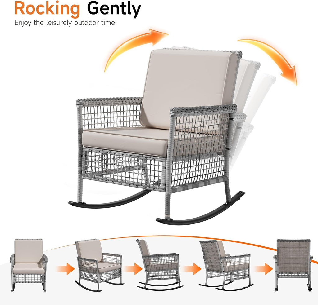 DECMICO 3 Pcs Outdoor Rocking Chair, Wicker Rocking Bistro Set with Washable Cushions, Rattan Rocking Chairs with Multi-Functional Table, Outdoor Wicker Chair for Backyard Garden Porch Poolside