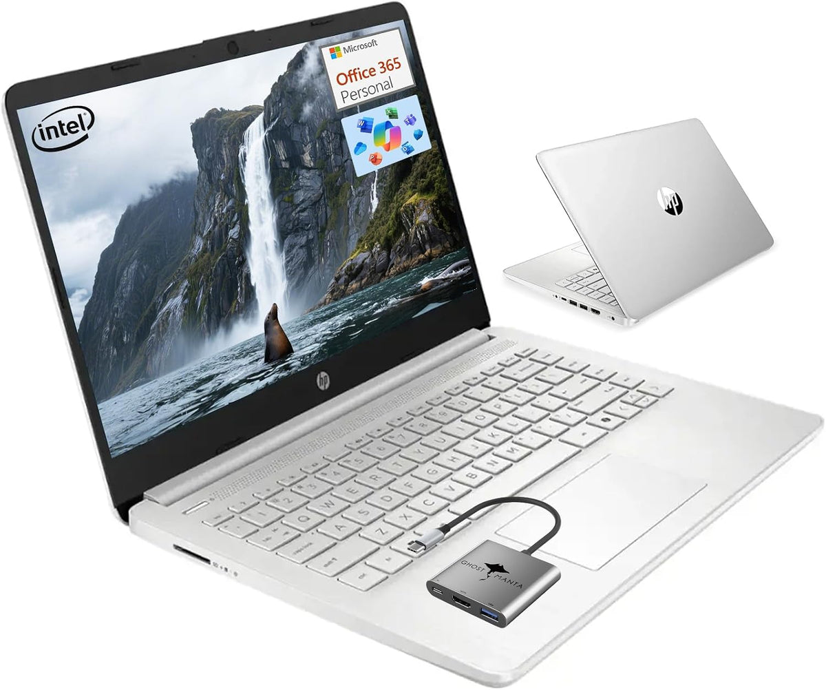 HP 14 Student-Laptop Back to School, Quad-Core Processor (Beat i3) 4GB RAM 128GB SSD, Laptops for Student with 1-Year Office 365 Copilot AI Win11, Natural Silver