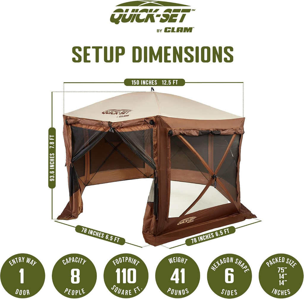 CLAM Quick-Set Pop Up Screen Tent, Pavilion, 12.5 ft, Instant Setup Brown Large Outdoor Gazebo Canopy Shelter, Spacious 8-Person Bug-Free Tent for Parties, Backyard, Camping, Events - Brown