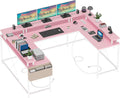 Jojoka U Shaped Computer Gaming Desk, Reversible L Shaped Desk with Power Outlets, LED Strip & Monitor Stand, Large Corner Desk with Storage Shelves for Home Office,Deep Pink