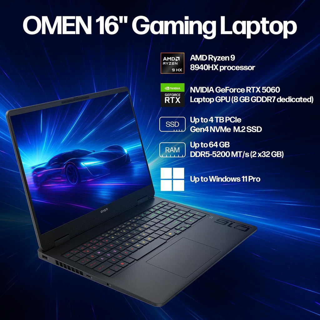 HP Omen 16 2K 144Hz Gaming Laptop,16-Core AMD Ryzen 9 8940HX(Beat Intel i9-14900HX), 32GB DDR5 RAM 1TB SSD, NVIDIA GeForce RTX 5060, Backlit, Wi-Fi 6E, Win 11 Pro, Bundle with Accessory
