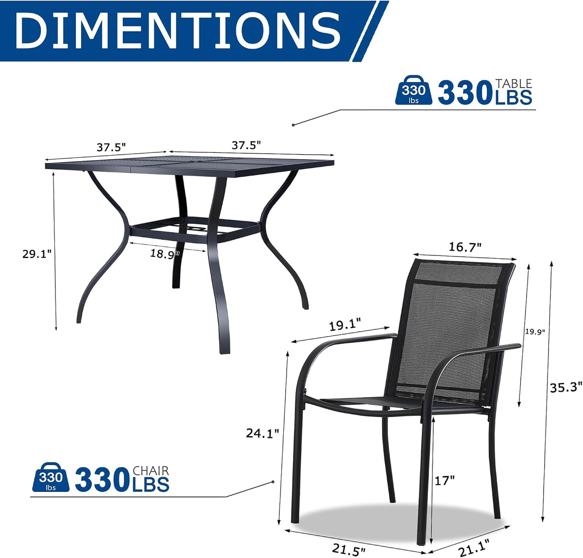 5 Piece Outdoor Dining Set, Patio Table and Chairs Set of 4, 37.5' Black Square Patio Table with 4 Black Stackable Patio Chairs for Lawn, Garden, Porch