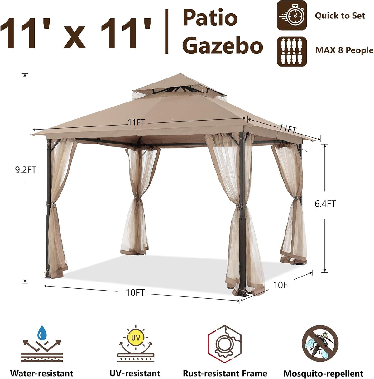 MASTERCANOPY Outdoor Patio Gazebo with Double Roofs, Stable Steel Frame and Mosquito Netting (11x11,Khaki)