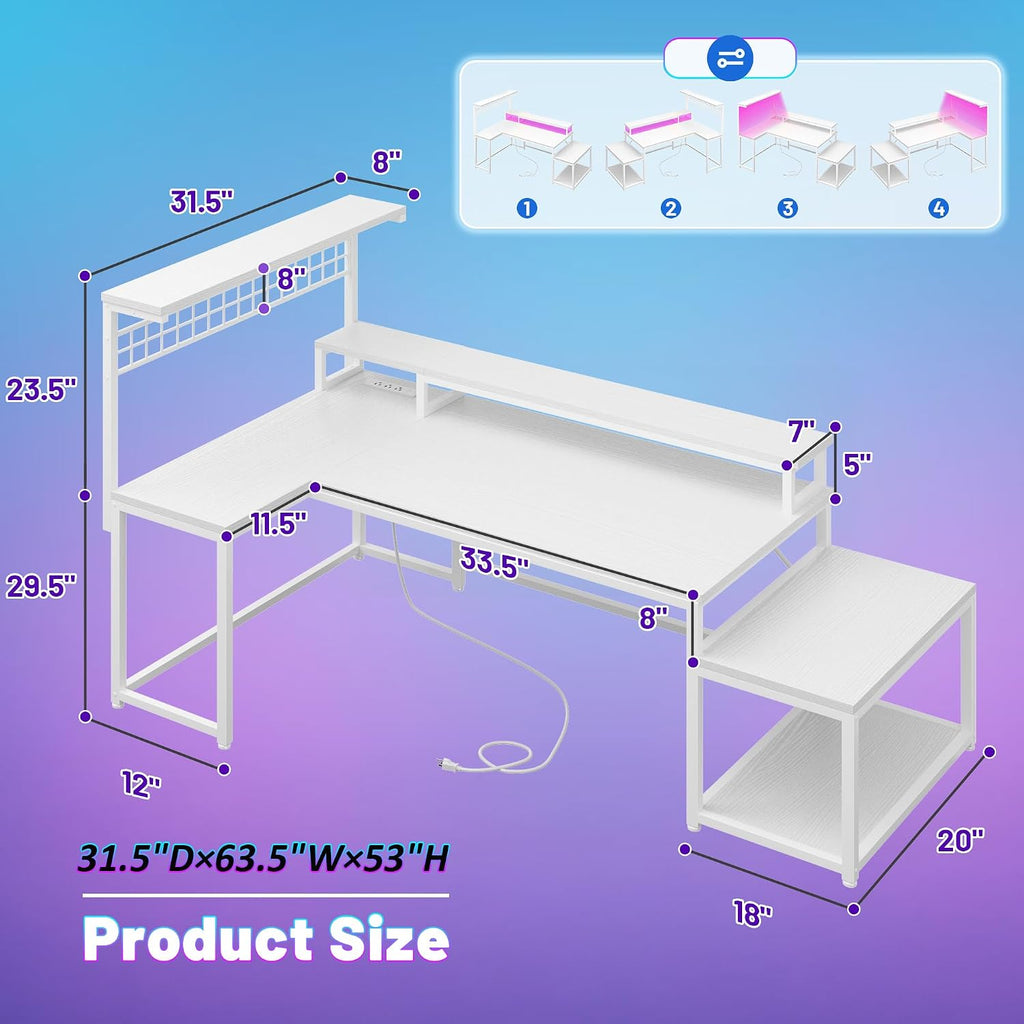 DurayLoly White Desk with Shelves & Hooks, 63.5' L Shaped Computer Desk with Monitor Stand & Power Outlets & LED Lights and Printer Space for Home Office, Bedroom, White
