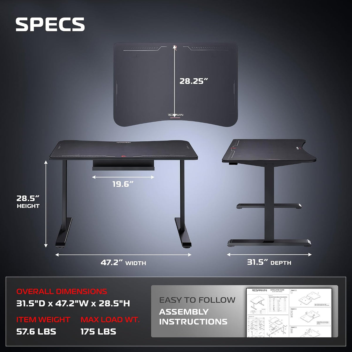 Respawn 1048 Gaming Desk with Cable Management - 48 Inch Ergonomic Full Computer Desk Mouse Pad, Sturdy Home Office Workstations, Laptop PC Console Gamer Table, Wooden Study Table for Bedroom - Black