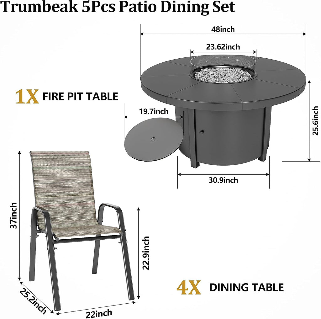 5 Pieces Patio Furniture Set with 48' CSA Approved/55000 BTU Outdoor Round Gas Fire Pit Table,Outdoor Conversation Set with 4 Stackable Patio Dining Chairs for Outdoor,Patio,Backyard