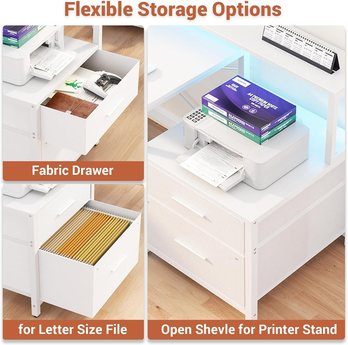 Aheaplus L Shaped Desk with File Drawer, 66' Reversible L Shaped Computer Desk with Power Outlet & LED Strip, Gaming Desk with Long Monitor Stand, Office Desk Corner Desk with Storage Shelf, White
