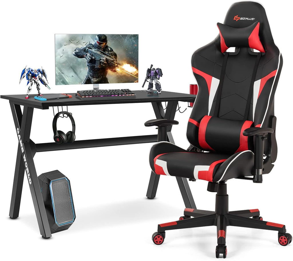 Goplus Gaming Desk & Chair Combo Set, Racing Style X Shaped E-Sport Gamer Desk & PVC Computer Chair w/Cup & Headphone Holder, Mouse Pad, Headrest & Massage Lumbar Support for Home Office (Red)