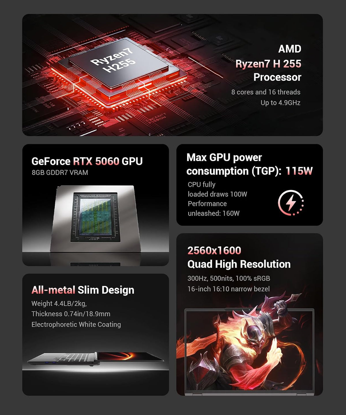 Gaming Laptop RTX 5060, 2560x1600 16in 240Hz 2.5K QHD+, AMD Ryzen 7 H 255 Processor (8C/16T, 4.9GHz), 8GB GDDR7 VRAM, 16GB DDR5 512GB SSD (96GB RAM Expandable), Backlit Keyboard, Metal Design