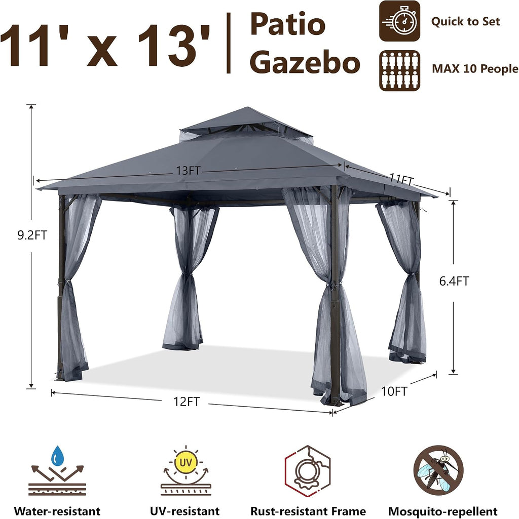 MASTERCANOPY Outdoor Patio Gazebo with Double Roofs, Stable Steel Frame and Mosquito Netting (11x13,Dark Gray)