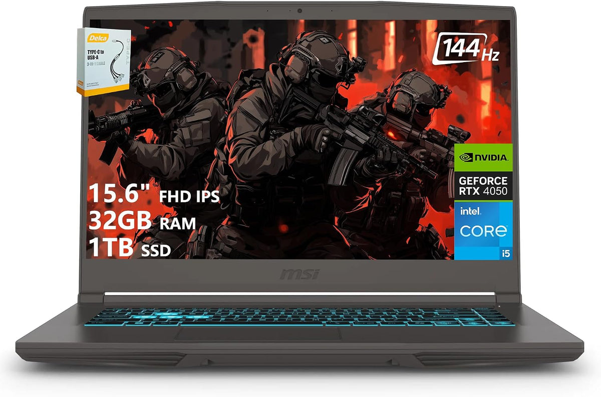 msi Thin 15 Gaming Laptop | 15.6' FHD IPS 144Hz | Intel 8-Core i5-13420H (> i7-12650H) | 32GB RAM 1TB SSD | GeForce RTX 4050 6GB | Type-C Backlit Keyboard Wi-Fi 6E Win11 w/DLCA Accessory