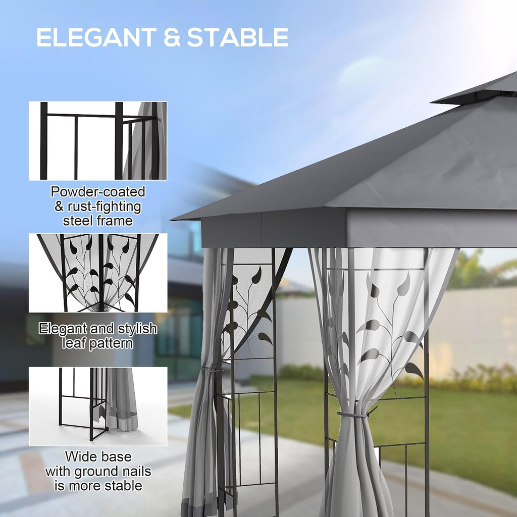 Outsunny 10' x 11.5' Metal Patio Gazebo, Double Roof Outdoor Gazebo Canopy Shelter with Tree Motifs Corner Frame and Netting, for Garden, Lawn, Backyard, and Deck, Gray