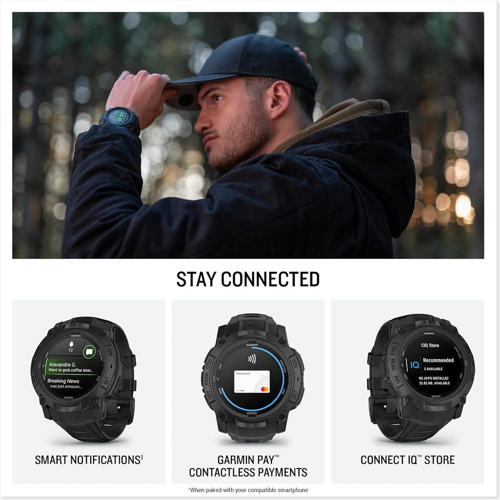 Garmin Instinct 3 Tactical Edition AMOLED 50mm Display, Rugged Outdoor GPS Smartwatch Bundle with USB Wall Charger + Microfiber Cleaning Cloth