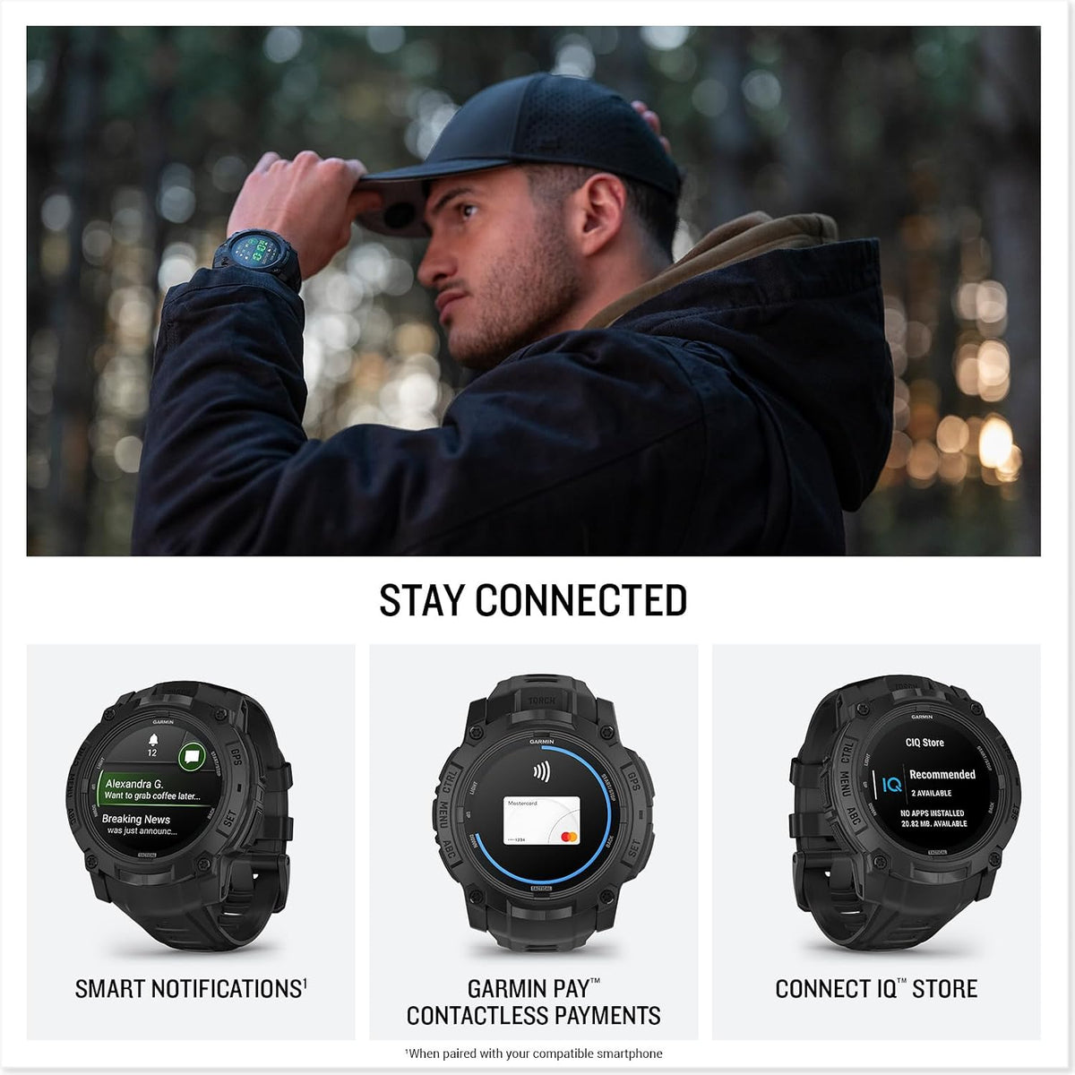 Garmin Instinct 3 Tactical Edition AMOLED 50mm Display, Rugged Outdoor GPS Smartwatch Bundle with USB Wall Charger + Microfiber Cleaning Cloth