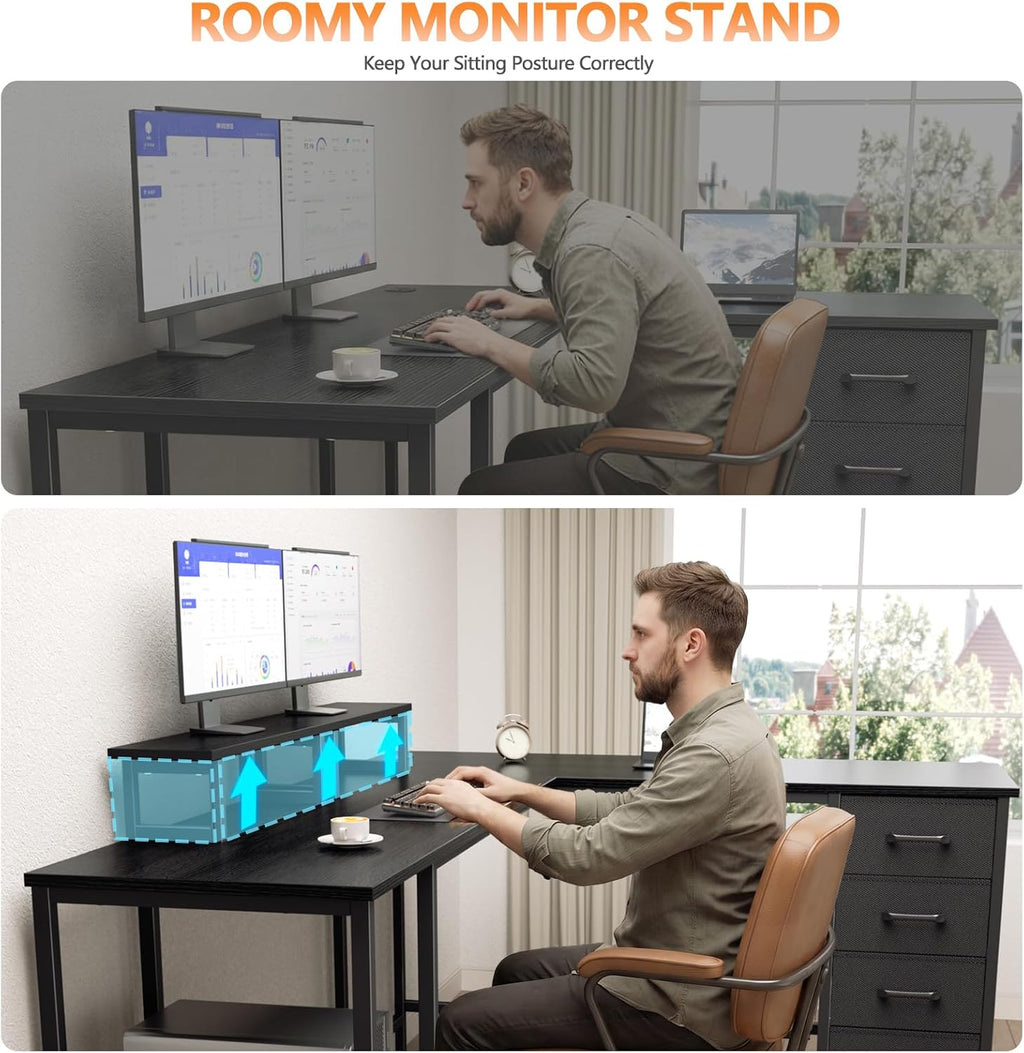 Korfile 66' L Shaped Computer Desk, 94.4'' Home Office Desk with Power Outlets, 4 Adjustable Storage Drawers & 2 Monitor Stands, Large Two Person Gaming Table for Writing Study, Black