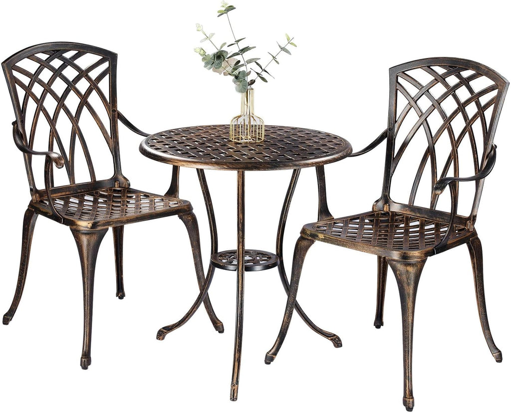 Bistro Set 3 Piece Rustproof Cast Aluminum Patio Furniture Sets Round Table with Umbrella Hole for Outdoor, Patio, Balcony, Bronze
