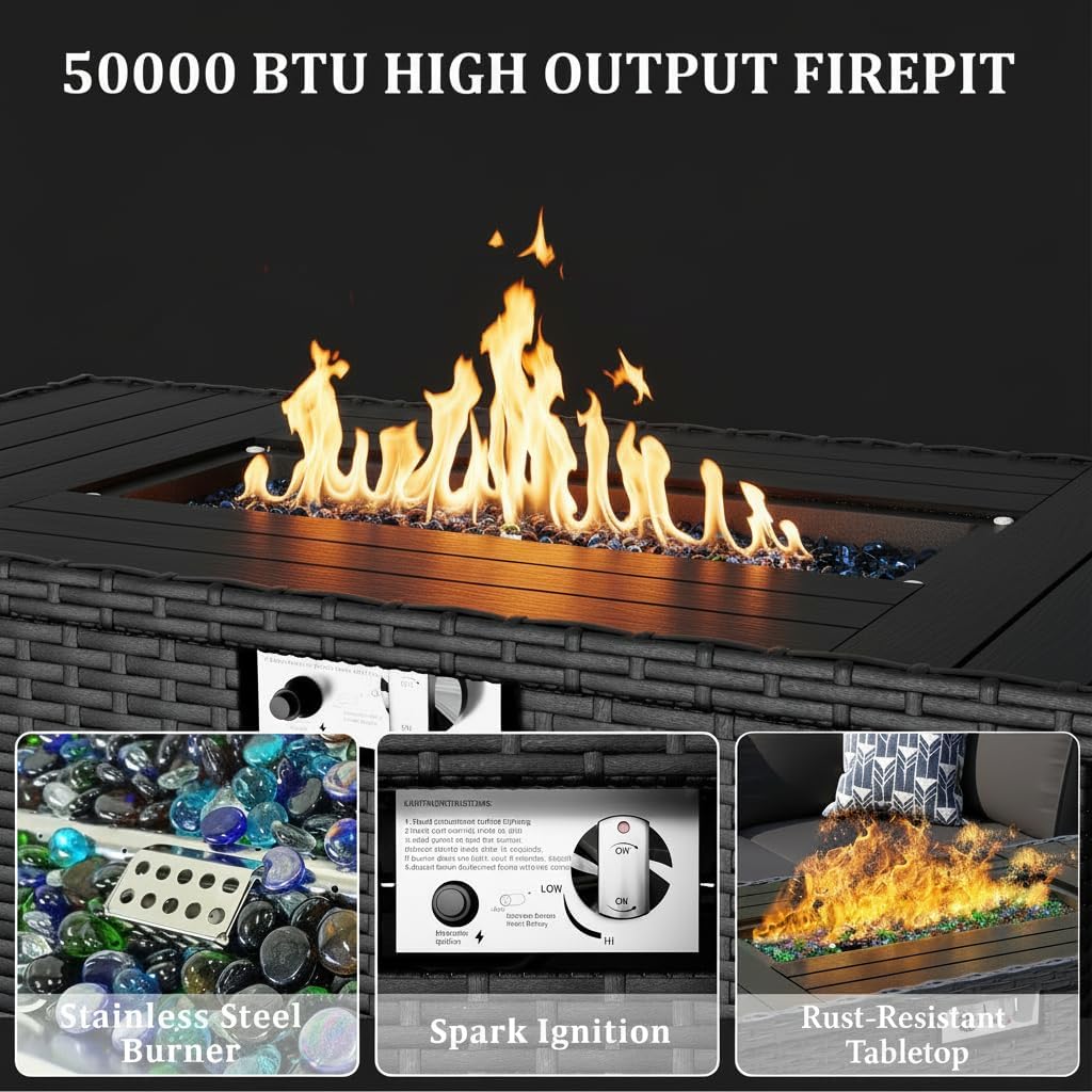 8 Pieces Outdoor Patio Furniture Set with 44' Fire Pit Table Black Rattan Sectional Conversation Sets w/Gas Fire Pit, Coffee Table, 1 Waterproof Covers, Black