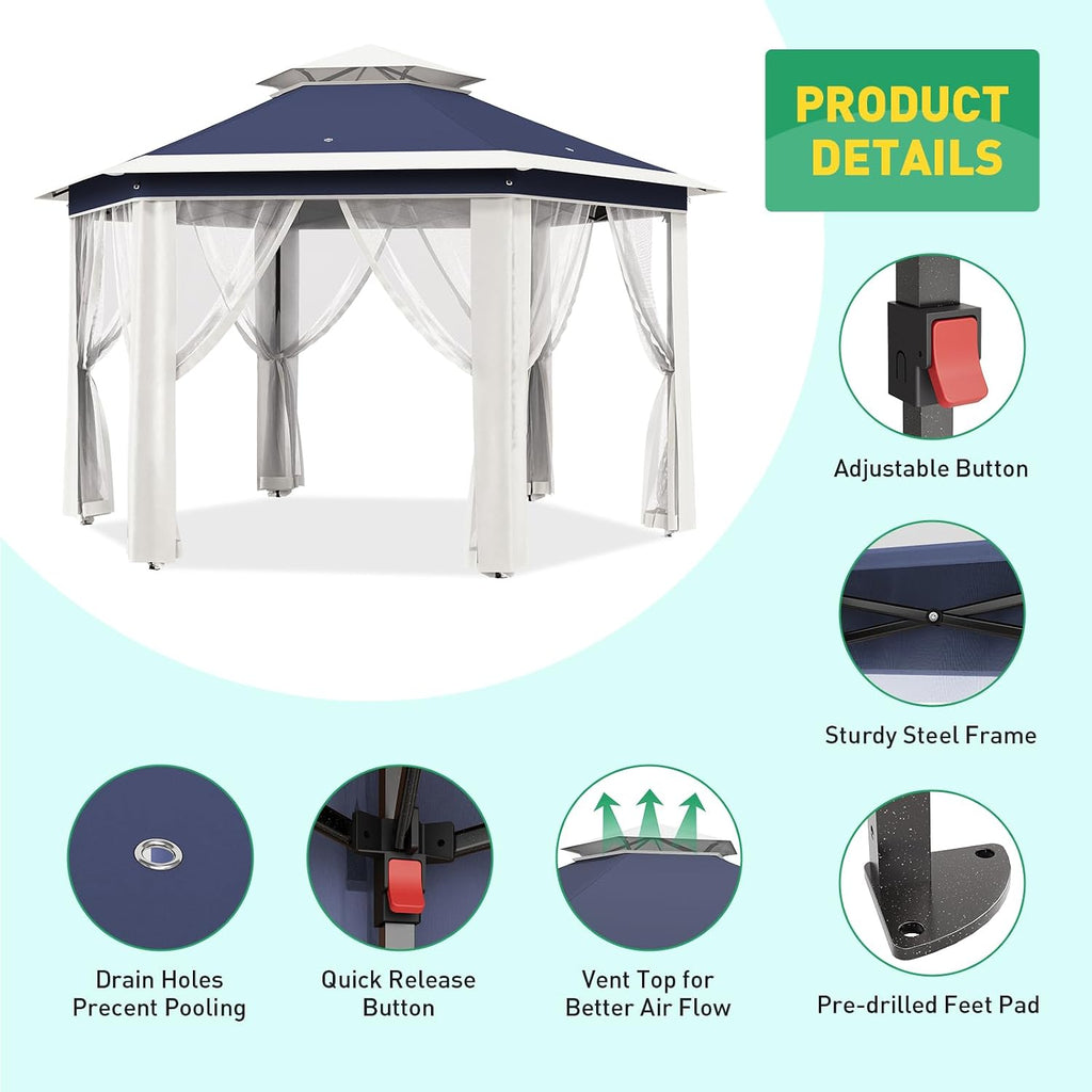 13' x 13' Pop-Up Gazebo, Hexagonal Canopy Shelter with 6 Zippered Mesh Netting, Event Tent with Strong Steel Frame for Backyard, Garden, Lawn, Blue and Beige