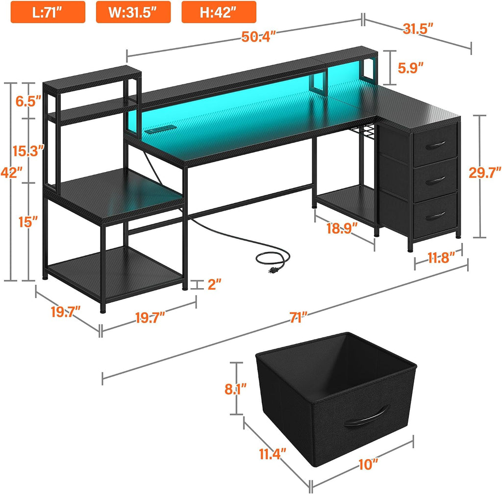 71' L Shaped Gaming Desk with 3 Drawers & Hutch,Computer Desk with Monitor Stand & Power Outlet,Home Office Desk Reversible Black Desk with LED Light,Printer Shelf for Home Office,Black Carbon Fiber