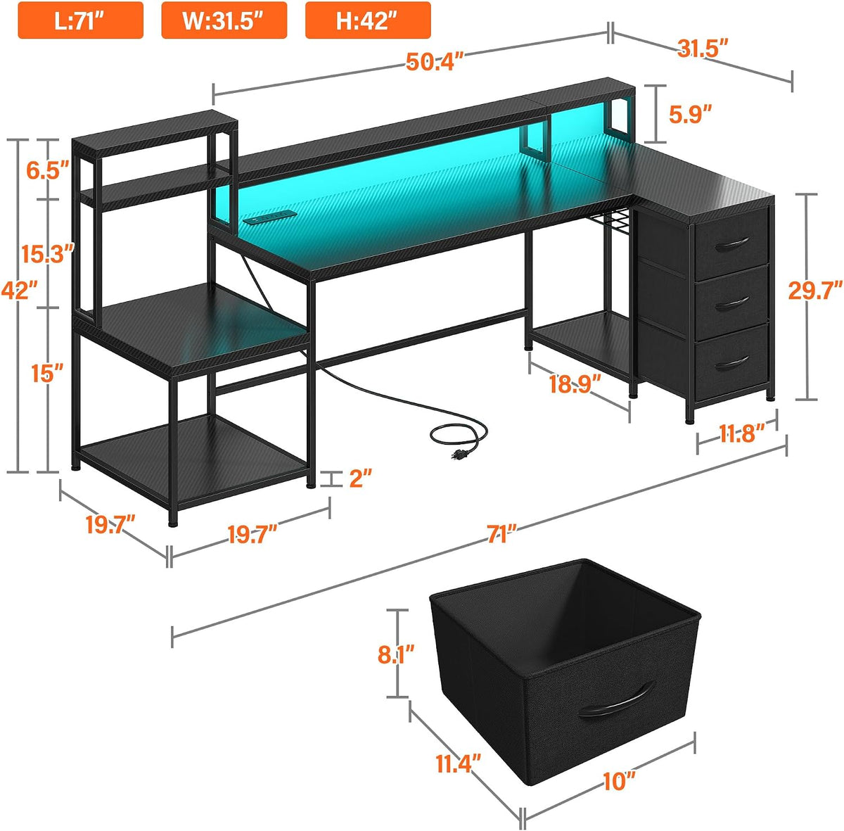 71' L Shaped Gaming Desk with 3 Drawers & Hutch,Computer Desk with Monitor Stand & Power Outlet,Home Office Desk Reversible Black Desk with LED Light,Printer Shelf for Home Office,Black Carbon Fiber