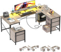 U Shaped Gaming Desk, Reversible L Shaped Computer Office Desk with Fabric Drawers, Monitor Stand, LED Lights, Corner Gamer Desk Table with Power Outlets & USB Ports, Grey