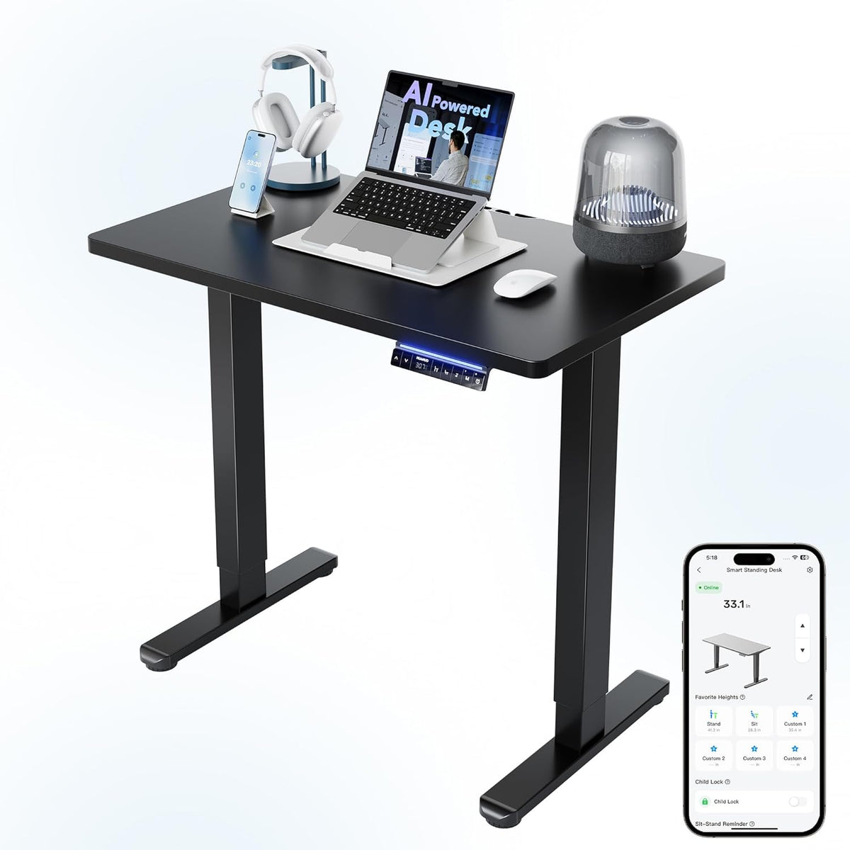 HUANUO One-Piece AI-Powered Electric Standing Desk, Smart APP, Work with Alexa & Google, Adjustable Height, 3 Memory Settings, Sedentary Reminder, Ergonomic Sit-Stand Desk, 32-inch, Black