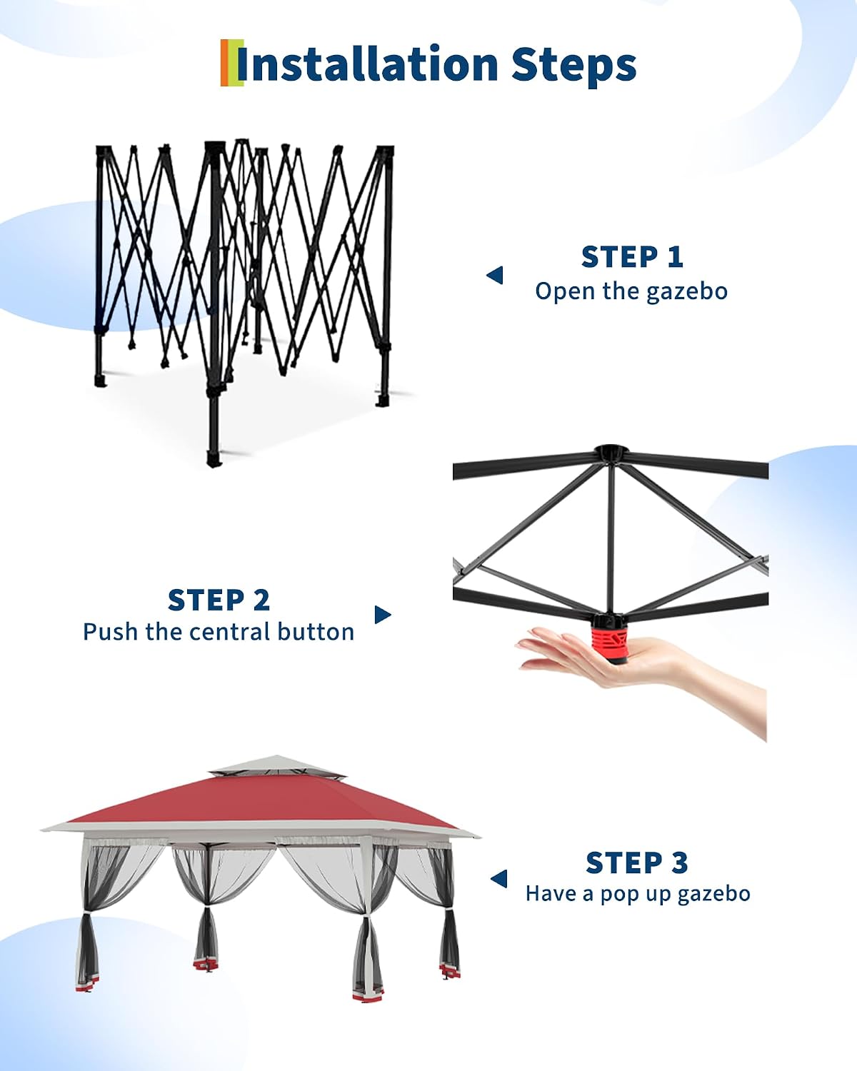Canopy Tent 13x13 ft, Pop Up Gazebo One-Push Setup with 4 SandBags for Backyard Parties and BBQs, Mosquito Netting & Height Adjustable - Red