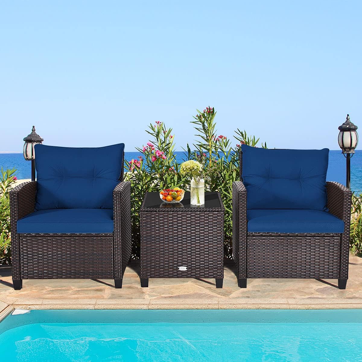 HAPPYGRILL 3 Pieces Patio Conversation Set, Outdoor Furniture Set PE Rattan Sofa Set with Removable Cushions, PE Wicker Chairs with Tempered Glass Side Table for Porch Lawn Garden Balcony Backyard