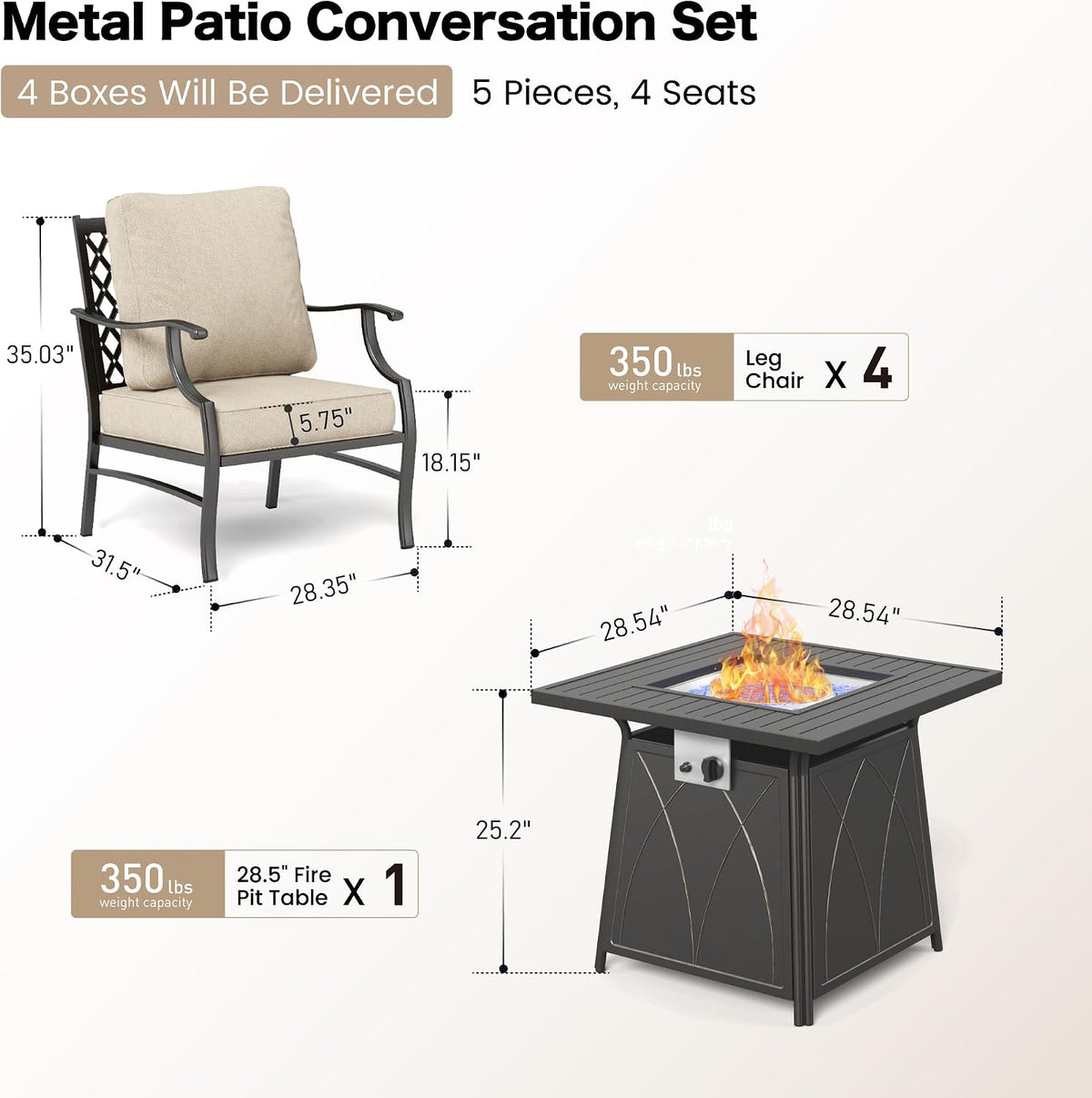 SUNSHINE VALLEY Patio Furniture Set with Firepit Table, 5 Piece Metal Outdoor Patio Furniture set for 4, 4 Single Chairs with 5.75' Extra Thick Cushion and Gas Firepit Table for Backyard Poolside Deck