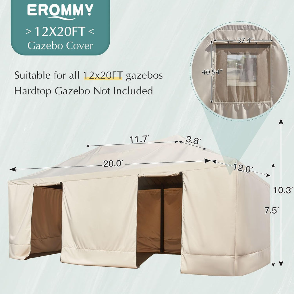 EROMMY Gazebo Cover for 12x20 Gazebos, Outdoor Winter Cover with Sidewalls and Mesh Windows, Convert into Storage Space, Beige