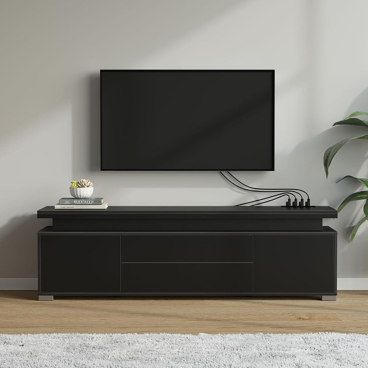 Rolanstar TV Stand with Power Outlet & LED Lights, Modern Entertainment Center for 32/43/50/55/65 Inchs TVs, TV Table, Universal Gaming LED TV Media Stand with Large Storage Cabinet, Black