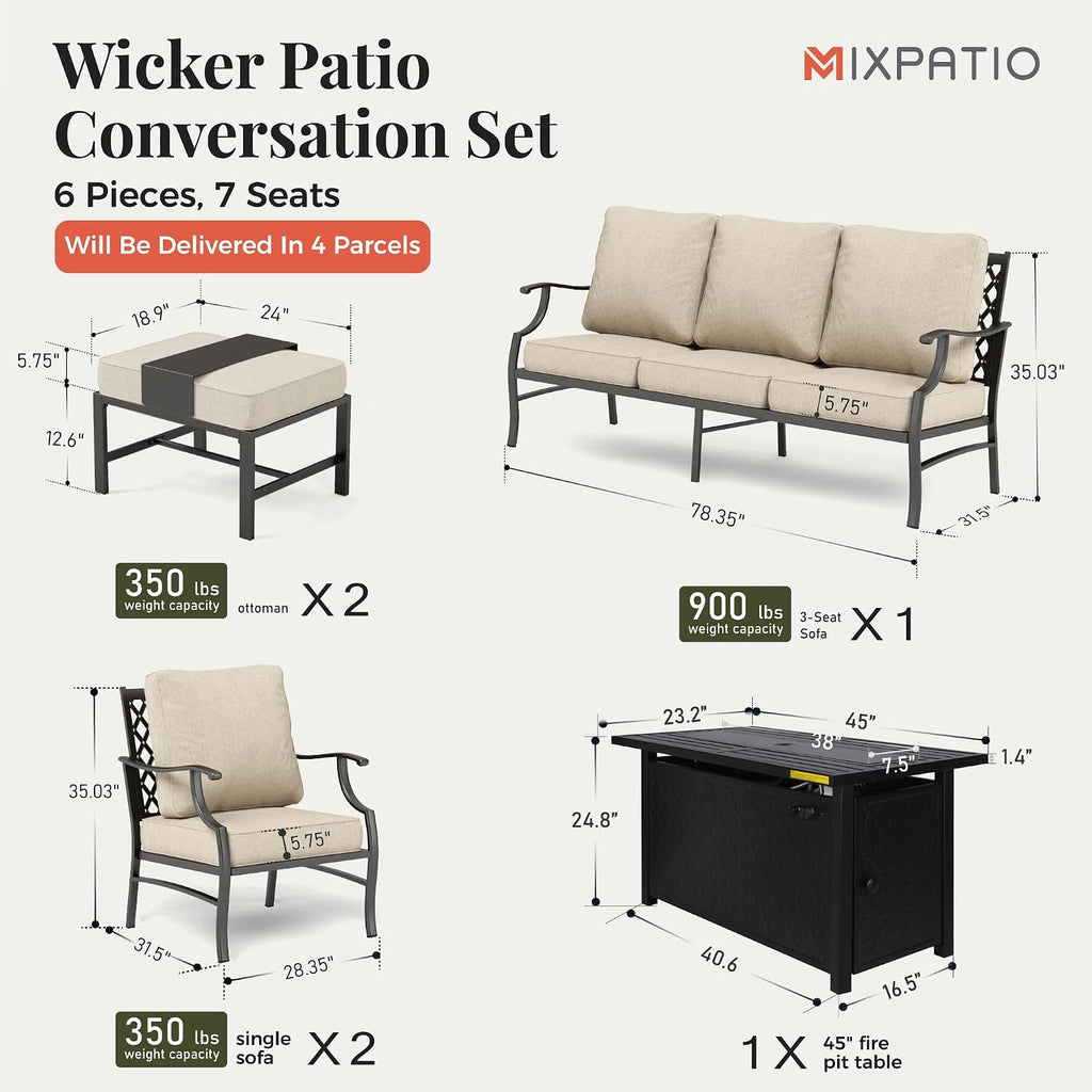 MIXPATIO Patio Furniture Set, 6 Pcs Metal Outdoor Conversation Set, 2 Single Chairs, 2 Ottomans and 3 Seater Sofa with 5.75' Extra Thick Cushion and Gas Fire Pit Table, Beige