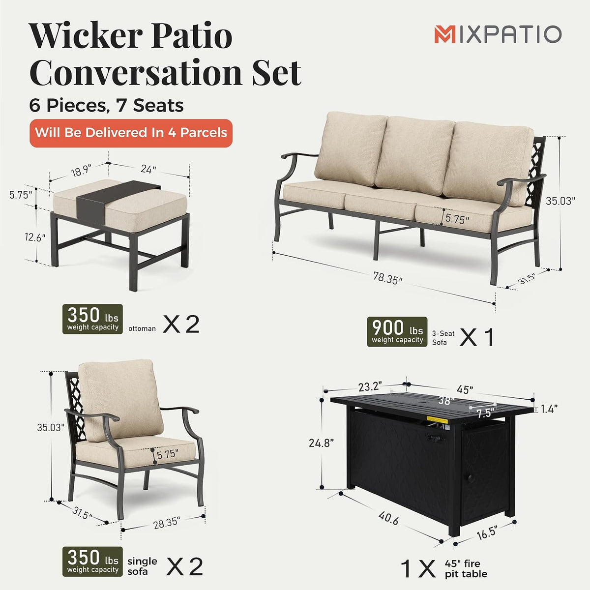 MIXPATIO Patio Furniture Set, 6 Pcs Metal Outdoor Conversation Set, 2 Single Chairs, 2 Ottomans and 3 Seater Sofa with 5.75' Extra Thick Cushion and Gas Fire Pit Table, Beige