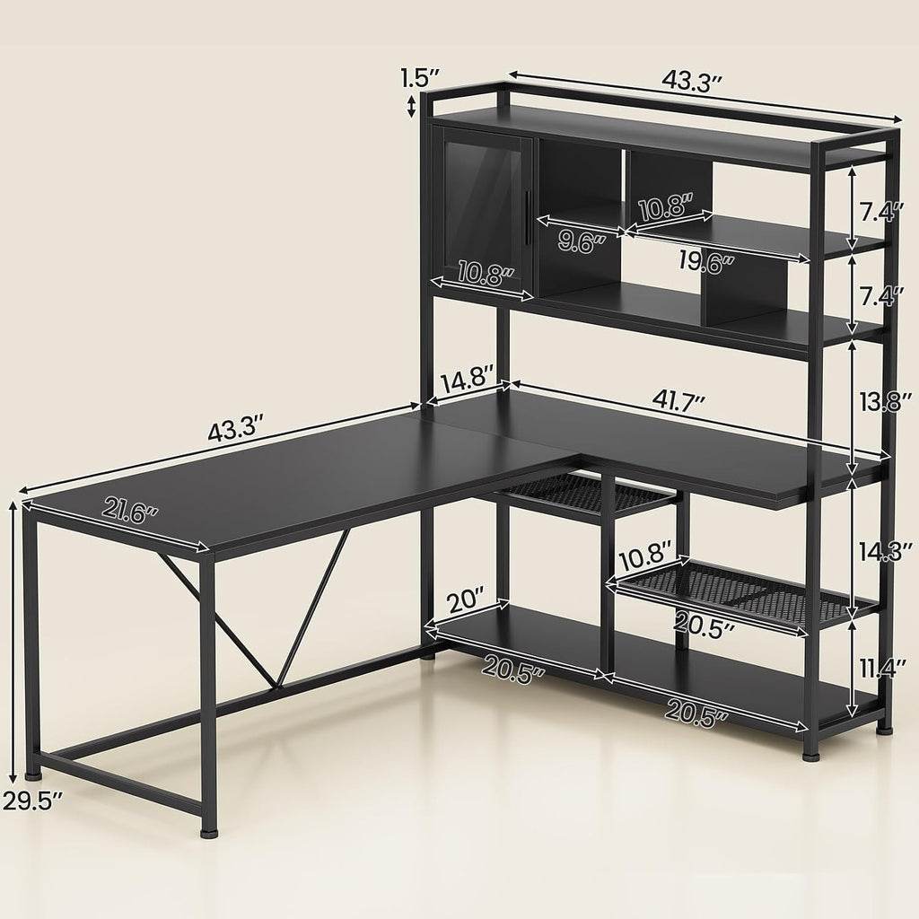 SEDETA L Shaped Computer Desk, 58'' Office Desk with LED Light and Bookshelf, L Shaped Corner Desk with Storage Shelves for Home Office, Gaming Desk, L Desk, Black
