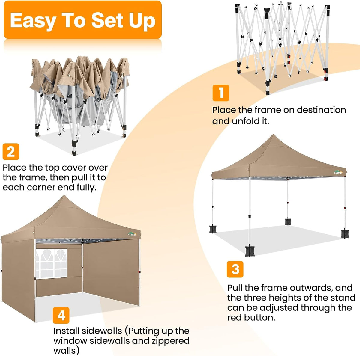 COBIZI 10x10 Pop Up with 3 Sidewalls, Canopy Tent 10x10 for Parties, Backyard, Commercial, Waterproof and Portable Instant Shelter UV50+ Outdoor Canopy Gazebo with 4 Sandbags(Khaki)