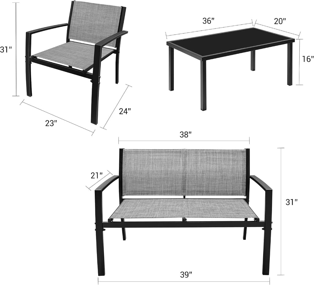 Flamaker 4 Pieces Patio Furniture Outdoor Furniture Patio Furniture Set Textilene Bistro Set Modern Conversation Set Black Bistro Set with Loveseat Tea Table for Home, Lawn and Balcony (Grey)