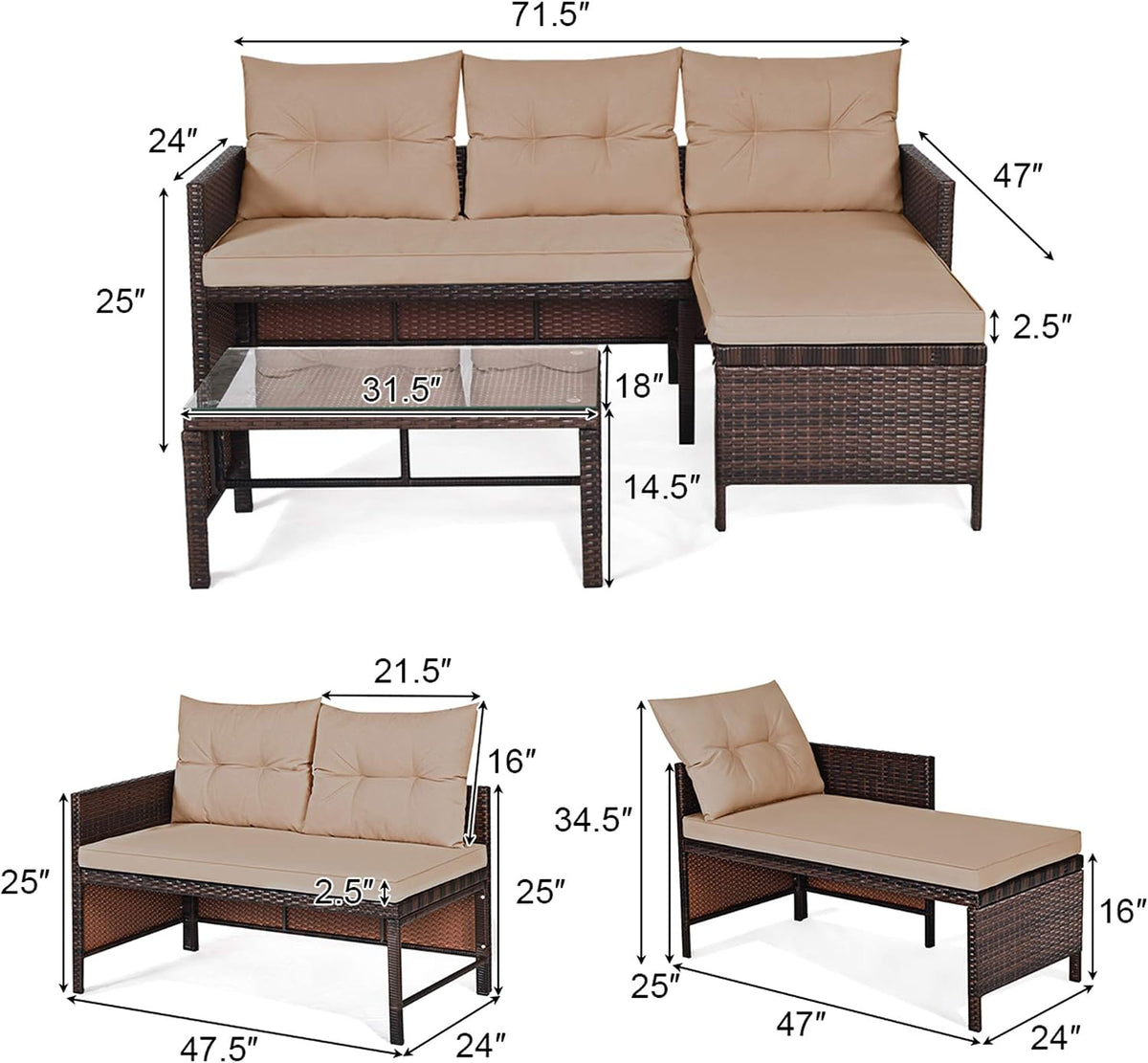 DORTALA Wicker Patio Furniture Set Couch 3 Piece, L-Shaped PE Rattan Outdoor Sectional Sofa Conversation Set with Loveseat, Lounge and Tempered Glass Coffee Table for Garden Lawn Deck, Brown