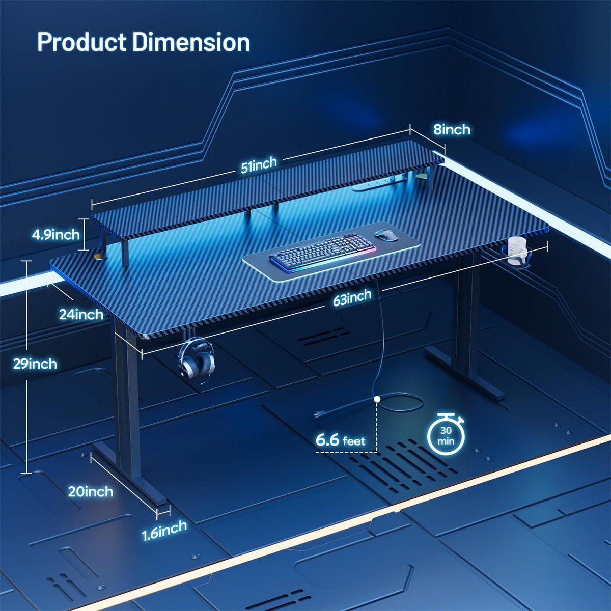 HLDIRECT 63 Inch Gaming Desk with 5 Sockets & LED Lights, Computer Gamer Desk with Monitor Stand, Ergonomic Carbon Fiber Gaming Table Home Office Desk with Cup Holder, Headphone Hook & Mouse Pad