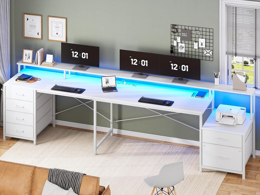 SEDETA L Shaped Desk with 6 Drawer, 108' Home Office Desk with File Drawer & Power Outlet, Corner Computer Desk with Monitor Shelf, File Cabinet, Two Person Desk, Gaming Desk with Led Lights, White