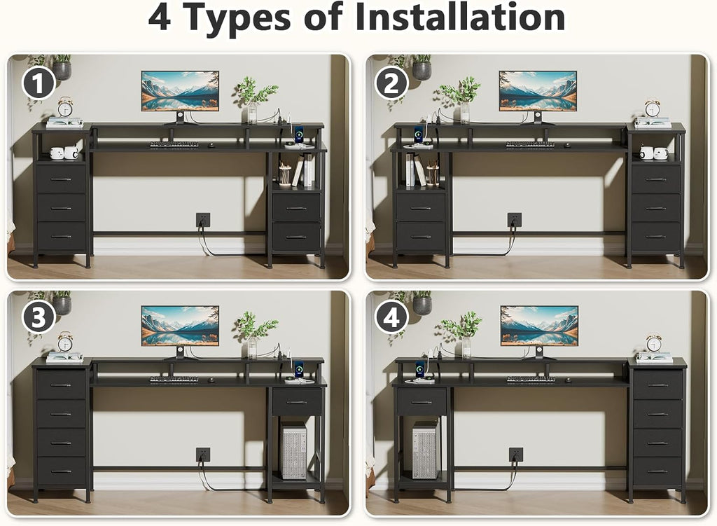 Korfile 61 Inch Computer Gaming Desk with Power Outlets & LED Lights Reversible Home Office Desk with Adjustable 5 Fabric Storage Drawers for Working Writing Study, Black