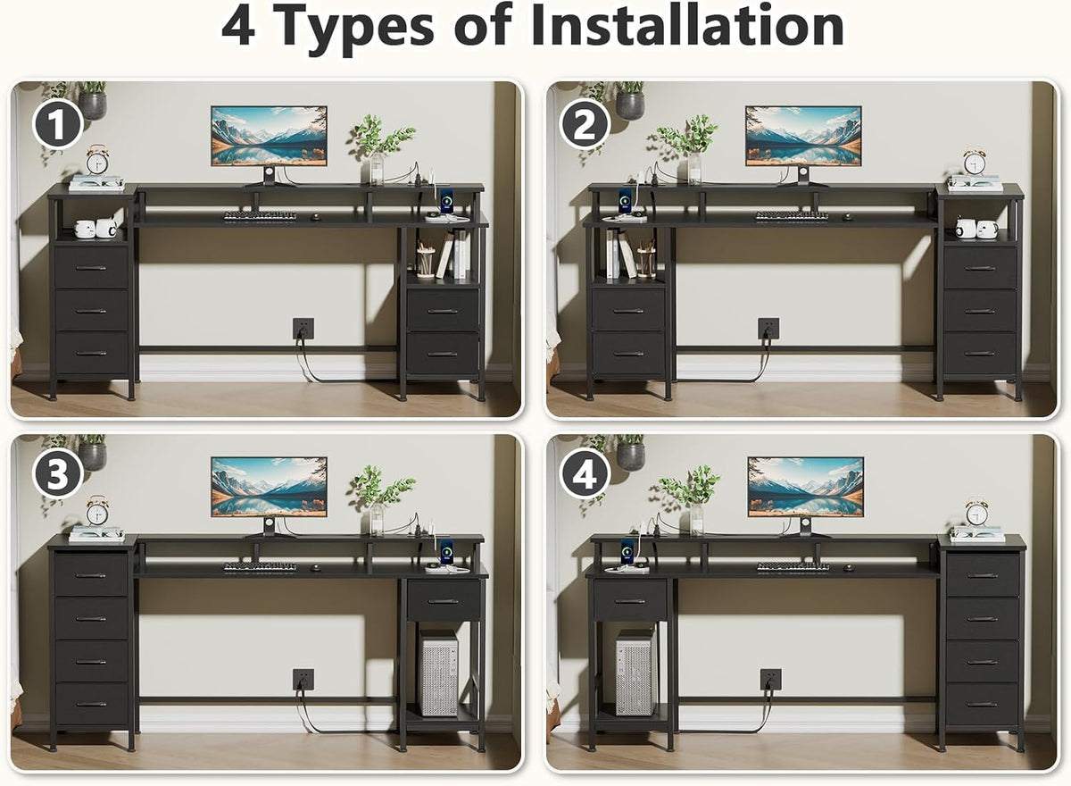 Korfile 61 Inch Computer Gaming Desk with Power Outlets & LED Lights Reversible Home Office Desk with Adjustable 5 Fabric Storage Drawers for Working Writing Study, Black