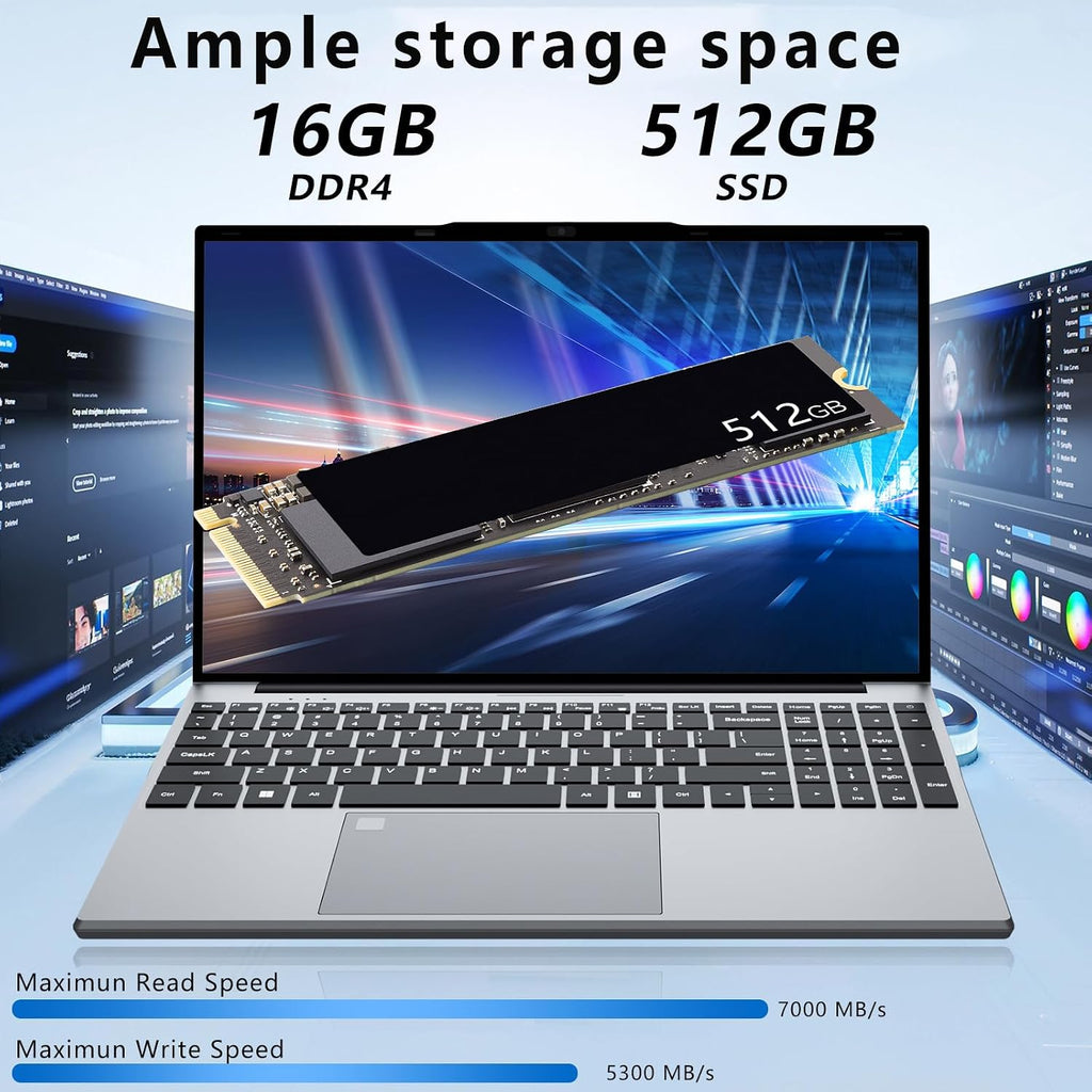 DUNHOO 15.6 Inch Laptop, Laptops 16GB RAM 512GB SSD, Lap Top Computer N5095, Portable Laptops 180 Angle Opening, Fingerprint Unlock Backlit Keyboard 1920 * 1080 FHD IPS MINI-HDMI
