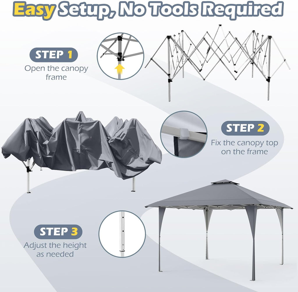 Tangkula 13x13 FT Pop Up Gazebo, UPF50+ Outdoor Sunshade Shelter with Carrying Bag, 8 Stakes, 4 Wind Ropes, Foldable Outdoor Gazebo for Beach Party Event Camping (Gray)