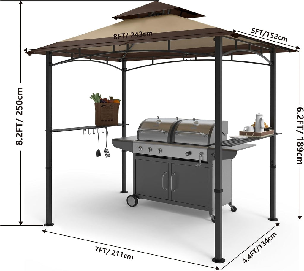 COOSHADE 8'x 5' Grill Gazebo Double Tiered Outdoor BBQ Gazebo Canopy with LED Light (Brown with Khaki)