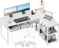 AODK 53 Inch L Shaped Computer Desk with Drawers, Corner Desk with Power Outlets & Reversible Storage Shelves, for Home Office Gaming, White
