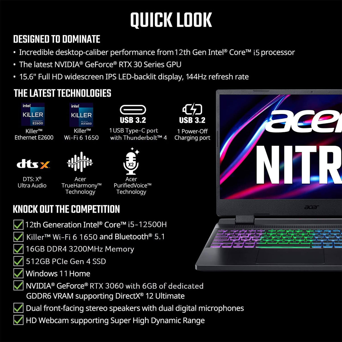acer Nitro 5 AN515-58-527S Gaming Laptop | Intel Core i5-12500H | NVIDIA GeForce RTX 3060 Laptop GPU | 15.6' FHD 144Hz IPS Display | 16GB DDR4 | 512GB PCIe Gen 4 SSD | Killer Wi-Fi 6 | RGB Keyboard