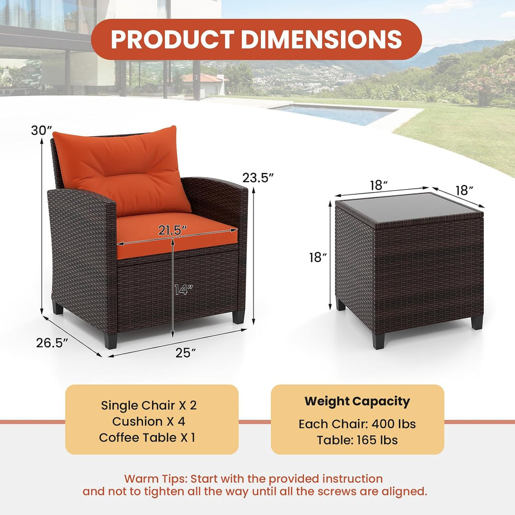 HAPPYGRILL 3 Pieces Patio Conversation Set, Outdoor Furniture Set PE Rattan Sofa Set with Removable Cushions, PE Wicker Chairs with Tempered Glass Side Table for Porch Lawn Garden Balcony Backyard