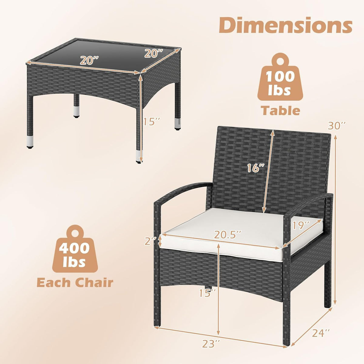 RELAX4LIFE 3-Piece Patio Furniture Set - Rattan Conversation Set, Wicker Bistro Set w/2 Chairs, Glass Coffee Table, Steel Frame, Outdoor Chairs Set for Yard Balcony, Front Porch Furniture (Off White)