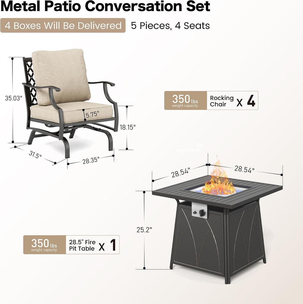 SUNSHINE VALLEY Patio Furniture Set with Firepit Table, 5 Piece Metal Outdoor Patio Furniture Set for 4, 4 Rocking Chairs with 5.75' Extra Thick Cushion and Gas Firepit Table for Backyard Deck Garden