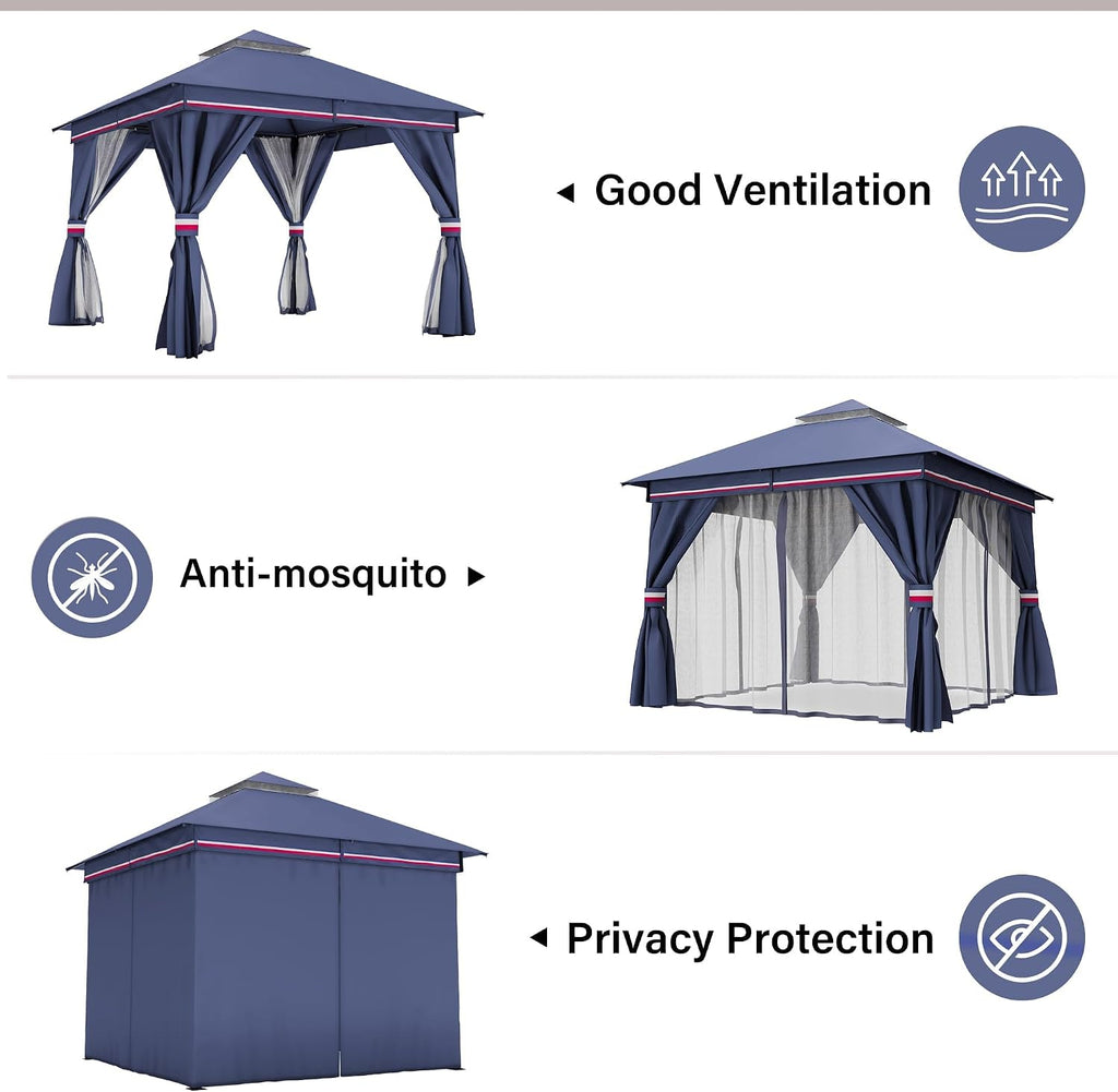 LAUSAINT HOME Patio Gazebo 10'x10', with 50ft Lights Outdoor Heavy Duty Party Tent Shelter with Double Roofs, Mosquito Nettings and Privacy Screens for Backyard, Garden, Lawn, Classic Blue